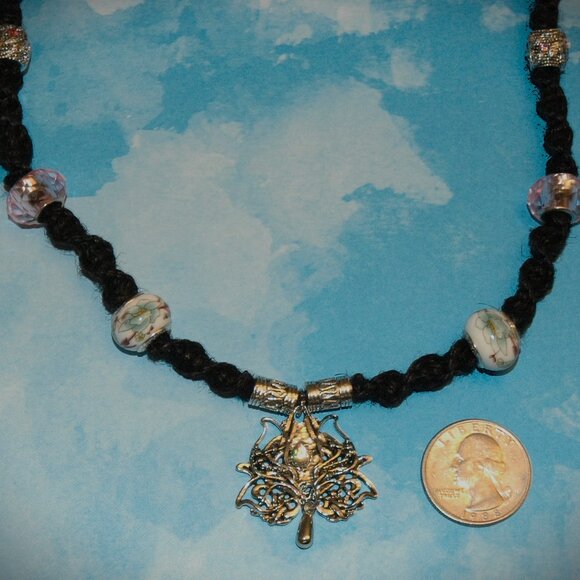 Lotus Flower Blue Flower Accent Beads on a 21 1/2" Handmade black Hemp Necklace - Picture 5 of 7